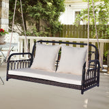 Tangkula Outdoor Wicker Porch Swing, 2-Person Hanging Seat with Seat & Back Cushions