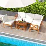 Tangkula 6 Pieces Acacia Wood Patio Furniture Set, Outdoor Sectional Conversation Set with Cushions and 2-Tier Coffee Table