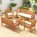 Tangkula 5 Piece Patio Furniture Set, Acacia Wood Conversation Set with 3-Seat Bench, Loveseat