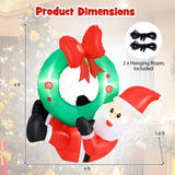 Tangkula 4 FT Inflatable Hanging Santa Claus Wreath, Christmas Pre-Lit Santa & Wreath with Red Bow & 5 LED Lights