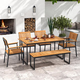 Tangkula 6 Pieces Outdoor Acacia Wood Dining Set, Patio Table and Chairs Set with Bench for 6-7 People