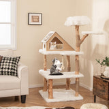 Tangkula Solid Wood Cat Tree, Modern Wooden Cat Tower with Jute Scratching Posts, 2 Perches, Condo