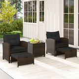 Tangkula 5 Piece Patio Rattan Furniture, Wicker Cushioned Chairs Set w/ 2 Ottomans & Tempered Glass Coffee Table