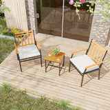 Tangkula 3 Pieces Acacia Wood Bistro Set, Patio Conversation Set with Cushions and Coffee Table