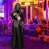 Tangkula 6 FT Halloween Animatronics Standing Witch, Talking Animated Wicked Witch with Light Up Eyes & Magical Ball