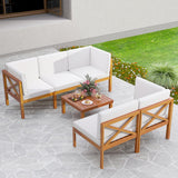 Tangkula 6 Pieces Acacia Wood Patio Furniture Set, Outdoor Sectional Conversation Set with Cushions and Coffee Table