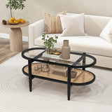 Tangkula Rattan Coffee Table, 40”L Boho Oval Acacia Wood Cocktail Table with Tempered Glass Tabletop & PE Rattan Storage Shelf