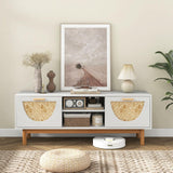 Tangkula TV Stand for 55 Inch TVs, Mid Century Modern Entertainment Center with 2 Drawers & Bamboo Woven Fronts