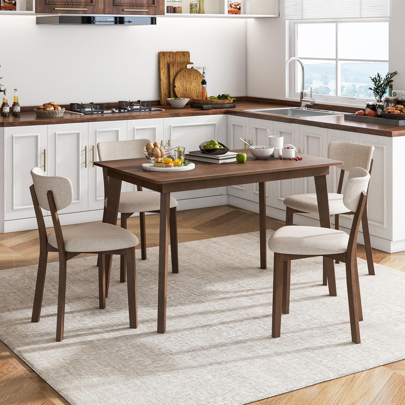 Tangkula Farmhouse Dining Table Set for 4, Dinette Set with Table & 4 Padded Seat, Rubber Wood Legs, Curved Backrest