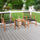 Tangkula 3 Pieces Acacia Wood Outdoor Furniture Set, All-Weather Rope Woven Bistro Set with Armchairs and Coffee Table