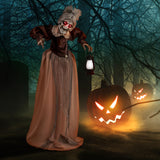 Tangkula 5 FT Halloween Standing Animated Old Lady Holding Lantern, Animatronic Zombie Maid with LED Lighted Red Eyes