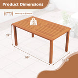 Tangkula Patio Dining Table with Umbrella Hole, Outdoor Solid Wood Dining Table for 6 with Teak Oil Finish