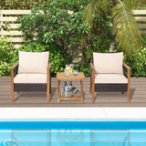 Tangkula 3 Pieces PE Wicker Patio Bistro Set, Outdoor Acacia Wood Conversation Set with Cushions and 2-Tier Coffee Table