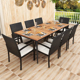 Tangkula 9-Piece Patio Dining Set, 79" Outdoor Acacia Wood Dining Table with 1.9" Umbrella Hole & 8 Rattan-Woven Dining Chairs with Seat Cushions