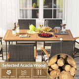 Tangkula 7 Pieces Patio Dining Set with Acacia Wood Dining Table, Rattan Armchairs, Soft Cushions