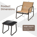 Tangkula 3 Pieces Patio Conversation Set, Outdoor Metal Chair & Table Set, Breathable Fabric & Tempered Glass Tabletop