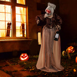 Tangkula 5 FT Halloween Standing Animated Old Lady Holding Lantern, Animatronic Zombie Maid with LED Lighted Red Eyes