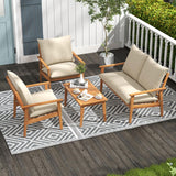 Tangkula 4 Pieces Patio Furniture Set, Outdoor Acacia Wood Conversation Set with Soft Cushions and Coffee Table