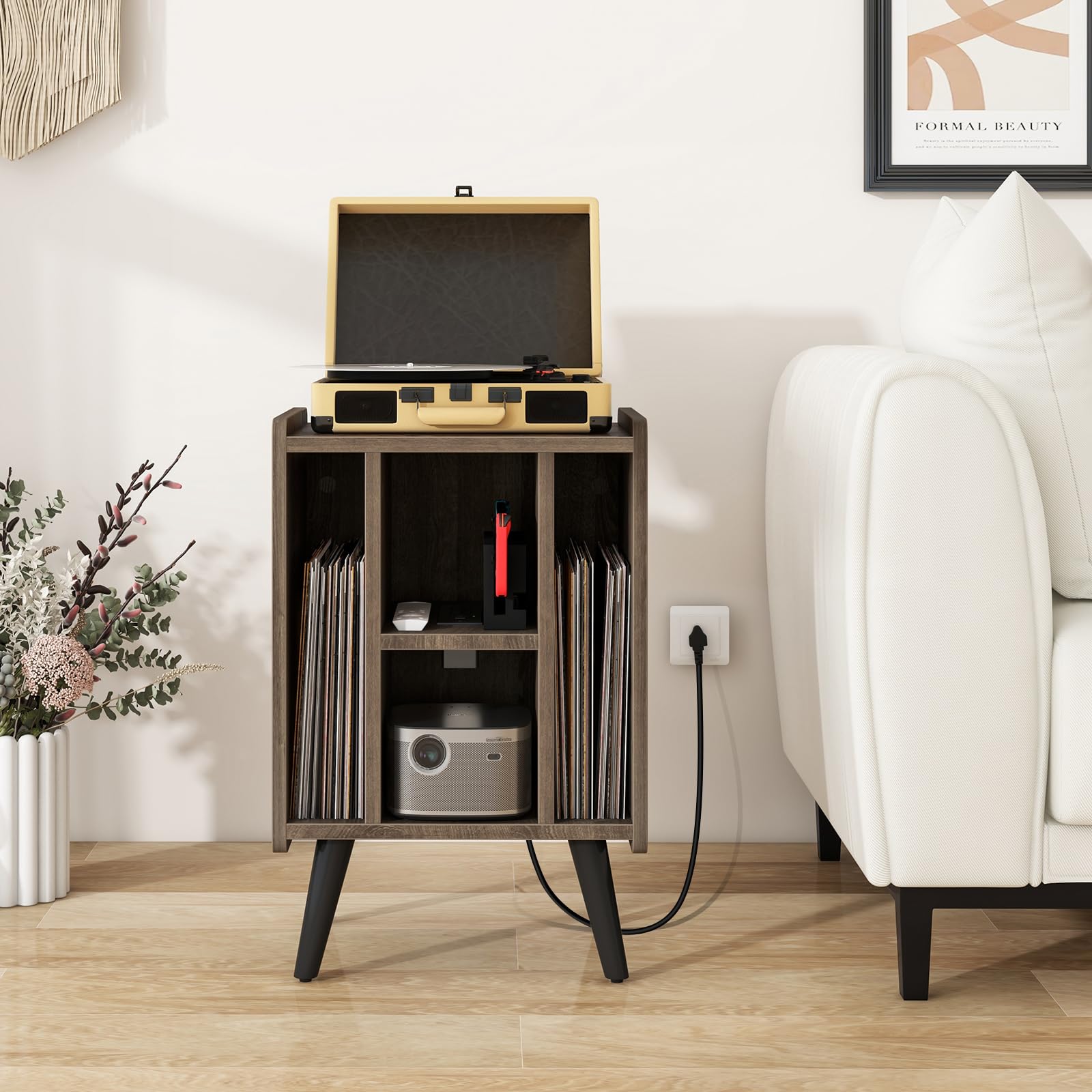 Tangkula Record Player Stand w/Charging Station & USB Ports, Nightstand Sofa Side Table, 27" H