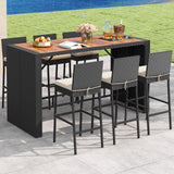 Tangkula 7 Piece Patio Wicker Bar Set, Patiojoy Outdoor Acacia Wood Bar Height Table & 6 Rattan Bar Stool Chairs