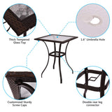 Tangkula Bistro Bar Table, 28.5" Square Bar Height Bistro Table w/ 2" Umbrella Hole, Silkscreen Glass Tabletop & Rattan Edge