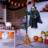 Tangkula 7 FT Halloween Standing Animated Witch on Broom, Outdoor Indoor Animatronic Halloween Prop with LED Lights