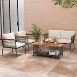 Tangkula 4 Piece Patio Furniture Set, Patiojoy Rattan Chair Set w/ 2-Tier Coffee Table