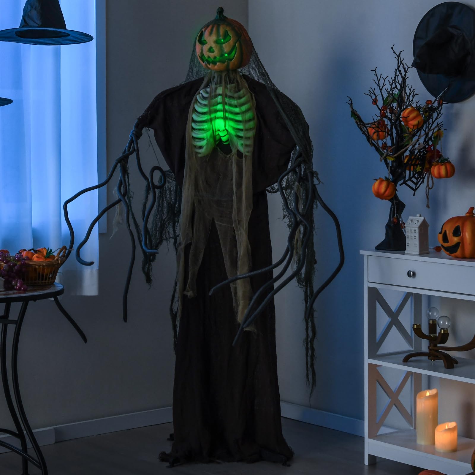 Tangkula 6 FT Halloween Light Up Talking Ghost Pumpkin with Glowing Ribs and Moving Head