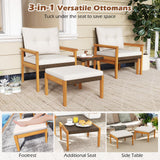 Tangkula 5 Piece Rattan Furniture Set, Wood Frame Chairs & Ottomans w/Square Coffee Table