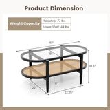 Tangkula Rattan Coffee Table, 40”L Boho Oval Acacia Wood Cocktail Table with Tempered Glass Tabletop & PE Rattan Storage Shelf