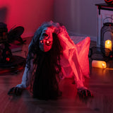 Tangkula Halloween Animated Crawling Woman with LED Eyes, Animatronic Zombie Woman Crawler with Vocally Triggered Sound & Motion Effects