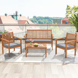 Tangkula 4 Piece Patio Wood Furniture Set, Acacia Wood Sofa Set w/Loveseat, 2 Chairs & Coffee Table