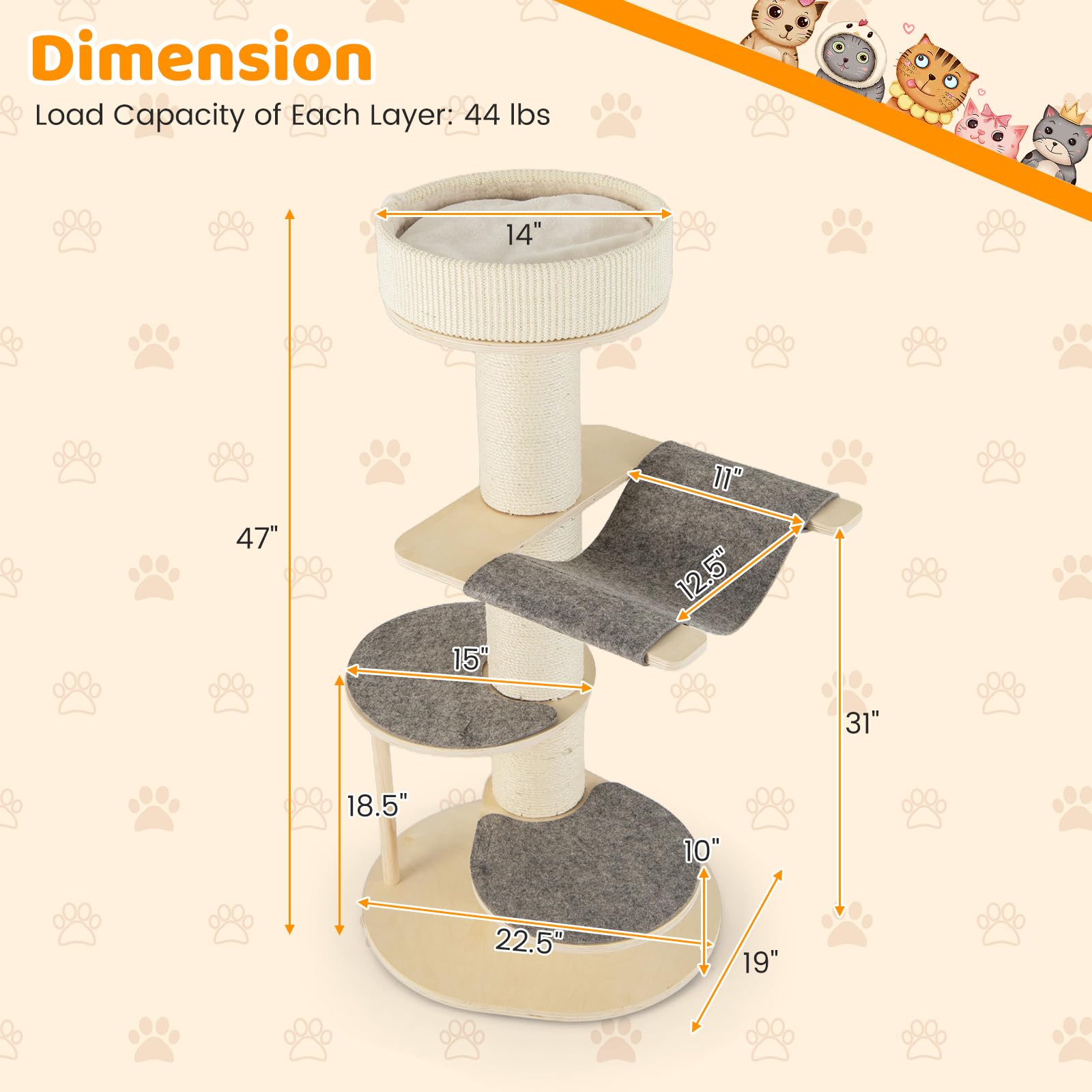 Tangkula Wood Cat Tree, 47 Inch Multi-Layer Cat Tower with 5.7” Thicker Sisal Covered Scratching Posts & Carpet