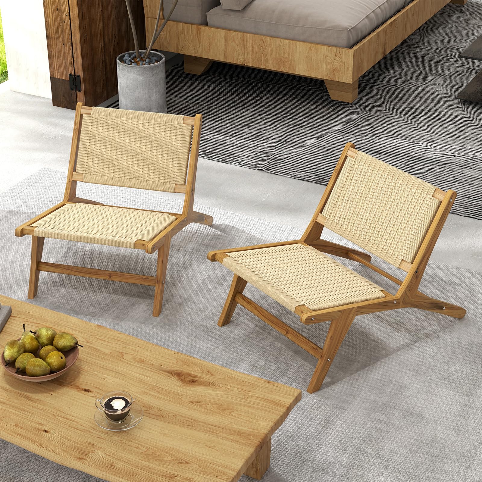 Tangkula Teak Wooden Chair, Mid Century Modern Accent Chair with Braided Rope Seat & Backrest