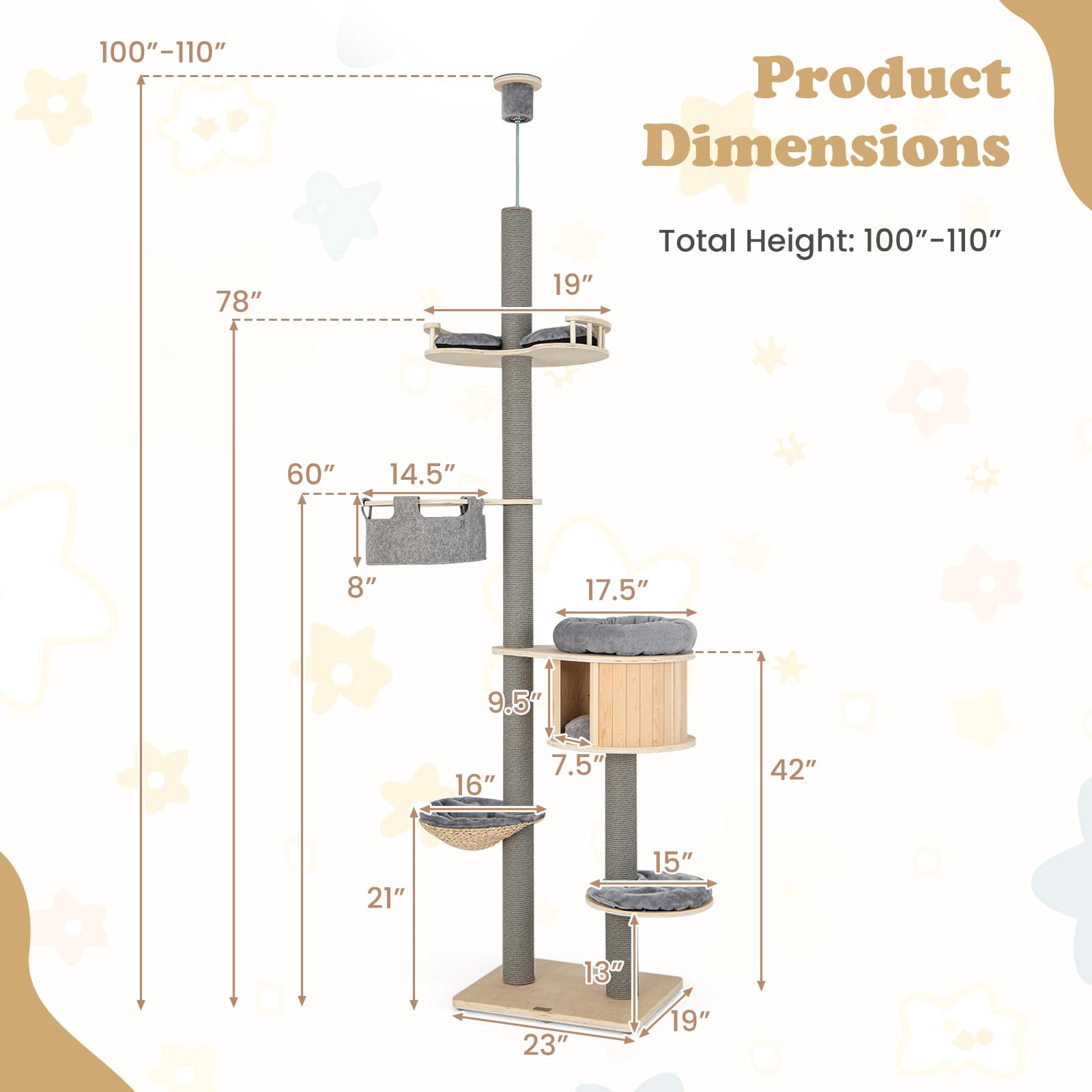 Tangkula Floor to Ceiling Cat Tree, 5 Tier Tall Cat Tower with Adjustable Height (100-110 Inch) for Large Cats