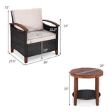 Tangkula 3 Pieces Patio Rattan Furniture Set, Outdoor Wicker Sofa Set w/Washable Cushion and Acacia Wood Tabletop