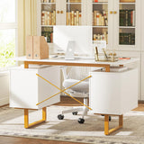 Tangkula White Desk with Storage Drawers & Cabinet, Home Office Computer Workstation with Floating Desktop