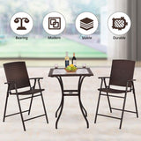 Tangkula Bistro Bar Table, 28.5" Square Bar Height Bistro Table w/ 2" Umbrella Hole, Silkscreen Glass Tabletop & Rattan Edge