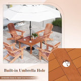 Tangkula Patio Coffee Table with Umbrella Hole, Outdoor Solid Wood Side Table with Slatted Tabletop & Teak Oil Finish