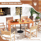 Tangkula Patio Dining Table with Umbrella Hole, Outdoor Solid Wood Dining Table for 6 with Teak Oil Finish