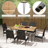 Tangkula 7 Pieces Patio Dining Set with Acacia Wood Dining Table, Rattan Armchairs, Soft Cushions