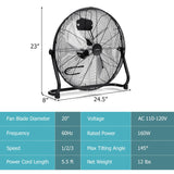 Floor Fan, 20-inch High Velocity Floor Fan with 145° Adjustable Tilt, 3-speed Adjustable