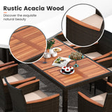 Tangkula 10 Piece Patio Rattan Dining Set with 15Ft Double-Sided Umbrella, Outdoor Acacia Wood Table and Wicker Chairs Set