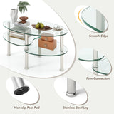 Glass Coffee Table, 2-Tier Modern Oval Smooth Glass Tea Table End Table