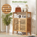 Tangkula Bamboo Floor Cabinet, Freestanding Bathroom Storage Cabinet with Double Slatted Doors