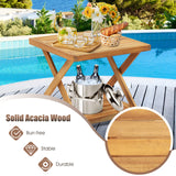 Tangkula 3 Pieces PE Wicker Patio Bistro Set, Outdoor Acacia Wood Conversation Set with Cushions and 2-Tier Coffee Table