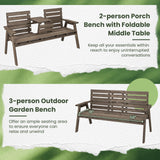 Tangkula Outdoor Fir Wood Bench with Foldable Middle Table, 2-3 Person Garden Bench (Coffee)