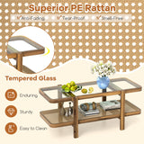 Tangkula Rattan Coffee Table, 47.5”L Boho Cocktail Tables, 2-Tier Center Table with Tempered Glass Tabletop (Natural)