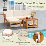 Tangkula L Shaped Outdoor Furniture Set, 5 Pieces Acacia Wood Patio Conversation Set for Garden, Backyard, Poolside (Off White)