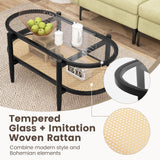 Tangkula Rattan Coffee Table, 40”L Boho Oval Acacia Wood Cocktail Table with Tempered Glass Tabletop & PE Rattan Storage Shelf